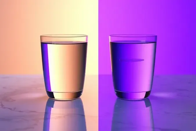 Duas xícaras de vidro com água lado a lado com iluminação dividida entre luz natural e tons frios, representando mitos e verdades sobre ferver água no micro-ondas.