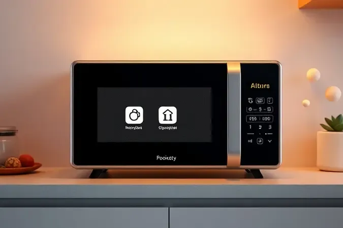 Render 3D conceitual de micro-ondas com painel digital exibindo ícones abstratos de modos de preparo culinário.