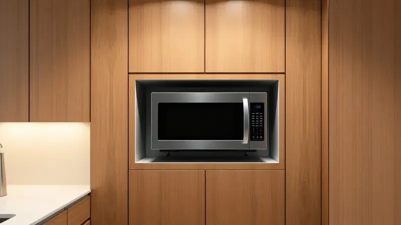 Nicho planejado para micro-ondas de embutir em cozinha moderna, na altura ergonômica ideal com ventilação adequada e iluminação embutida.