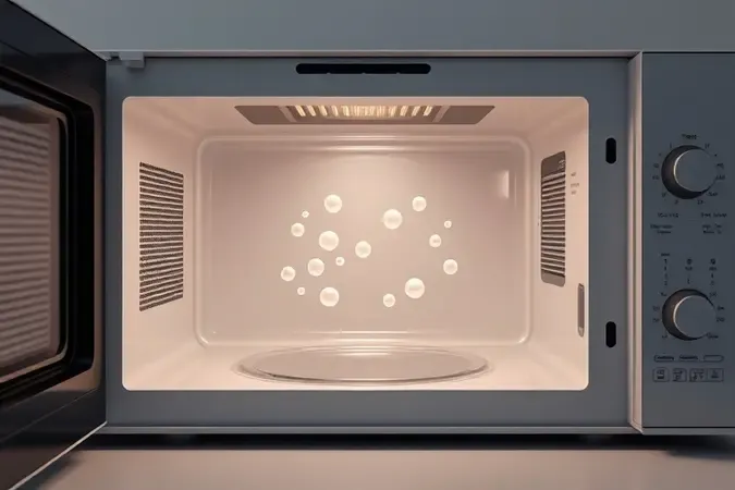 Representação conceitual de partículas de odor presas no interior de um micro-ondas