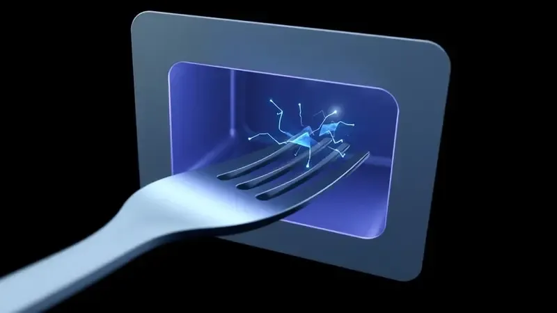 Renderização 3D conceitual mostrando ondas eletromagnéticas e faíscas ao redor de garfo metálico dentro de micro-ondas.