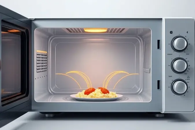 Render 3D conceitual mostrando ondas eletromagnéticas enfraquecidas dentro de um micro-ondas moderno, simbolizando falha no aquecimento dos alimentos.