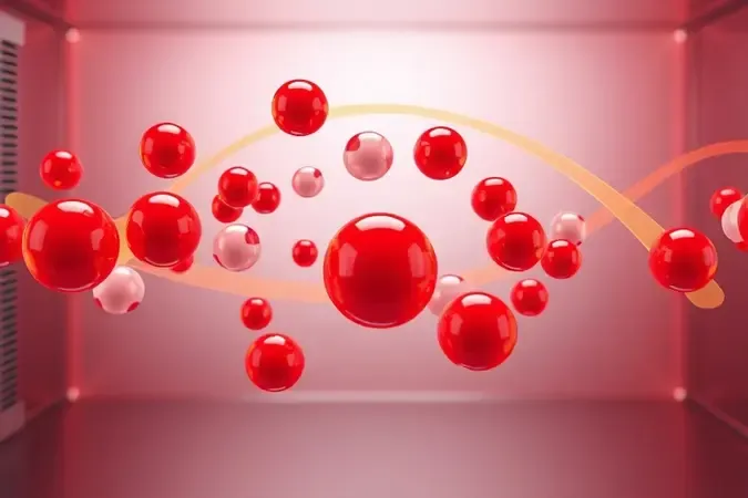 Render 3D de moléculas de água estilizadas vibrando sob ondas eletromagnéticas em tons âmbar, ilustrando o aquecimento por micro-ondas.