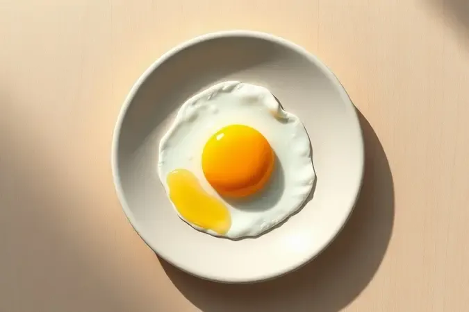 Render 3D de ovo frito perfeitamente redondo com gema brilhante em prato cerâmico minimalista, luz natural suave e tons neutros aconchegantes.