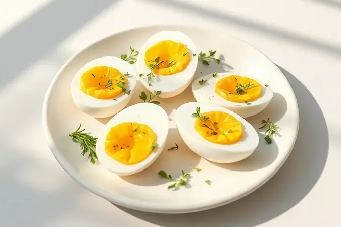 Ovos cozidos fatiados criativamente com ervas frescas e temperos em prato moderno.