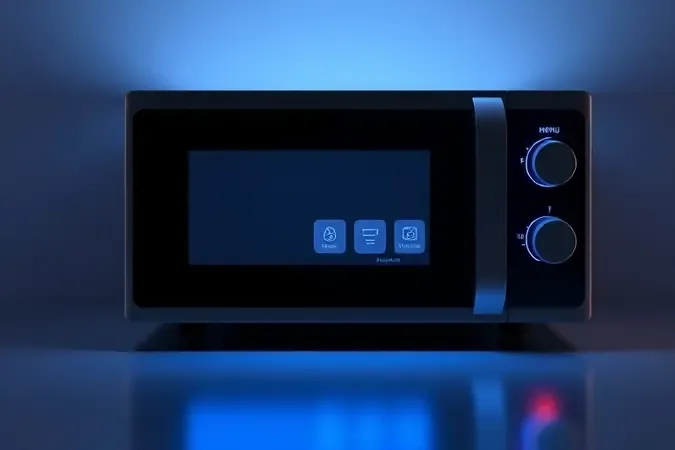 Painel de controle digital iluminado de micro-ondas moderno com ícones abstratos representando menu de receitas e funções.