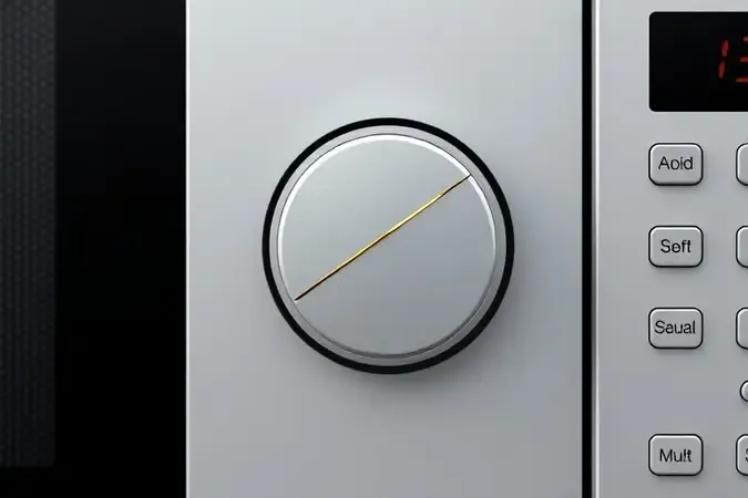Painel de controle de micro-ondas em close-up mostrando desgaste e microfissura na membrana dos botões.