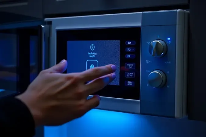 Painel de controle digital de microondas moderno com display iluminado e botões touch em render 3D conceitual.