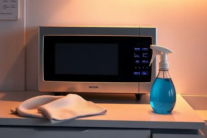 Painel de controle digital intuitivo de micro-ondas moderno com iluminação suave e itens de limpeza ao lado.