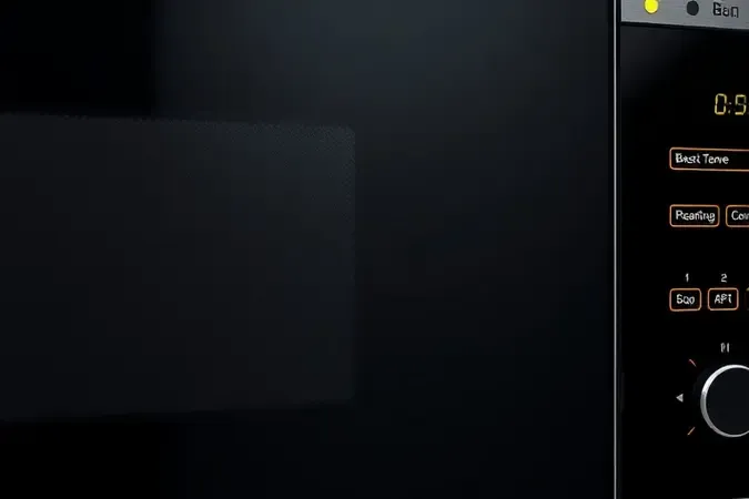 Close-up conceitual de painel touch integrado de micro-ondas moderno com superfície de vidro escuro e iluminação suave.