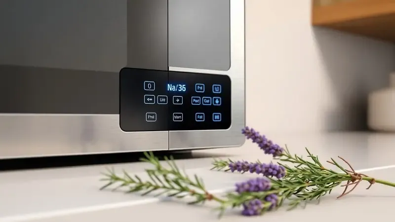 Close-up conceitual de painel touch de micro-ondas com luz LED azul e ramos de ervas aromáticas ao lado