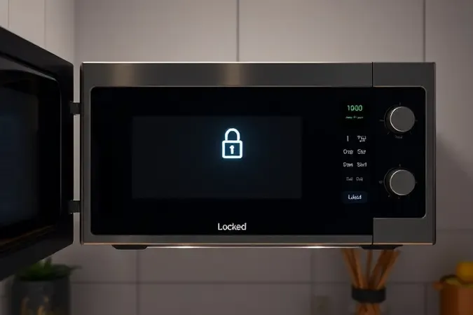 Painel digital de micro-ondas com indicador visual iluminado destacando status de painel travado em renderização 3D.