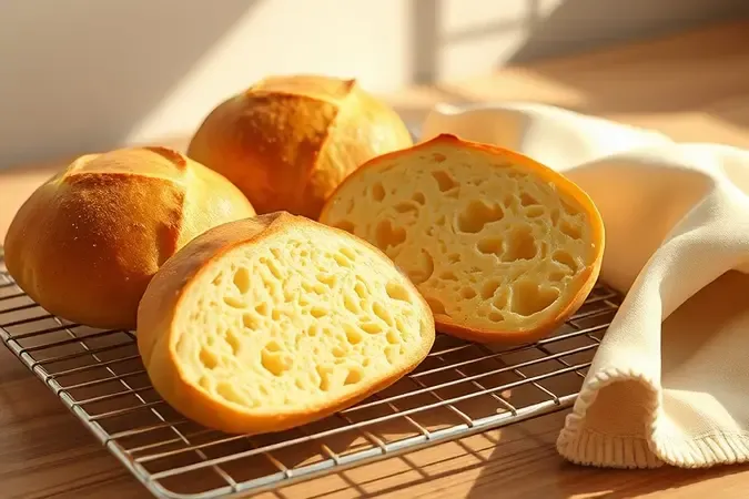 Renderização 3D de pães de queijo dourados e macios sobre grade de resfriamento com interior aerado destacando textura perfeita e maciez duradoura.