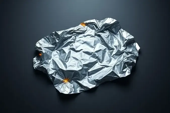 Render 3D de folha de papel alumínio amassada com faíscas elétricas nas bordas, ilustrando o risco de incêndio no micro-ondas.