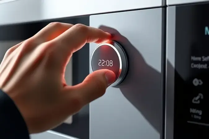 Mão se aproximando do painel de controle de micro-ondas com botão de ajuste de relógio iluminado