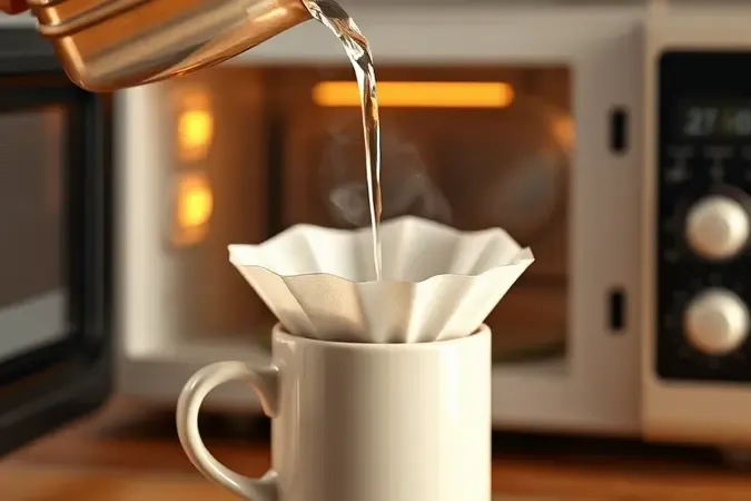 Preparo de café coado no micro-ondas com água quente sendo vertida sobre o pó em render 3D.