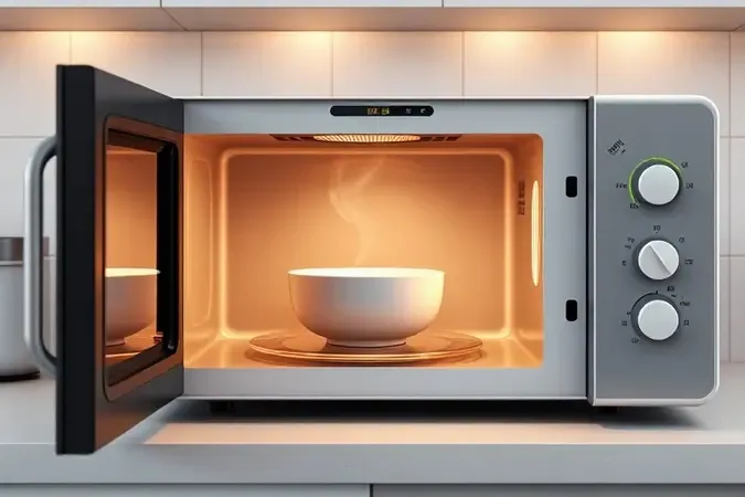 Preparo de mingau de aveia no micro-ondas em tigela de cerâmica com vapor suave saindo do forno aberto.