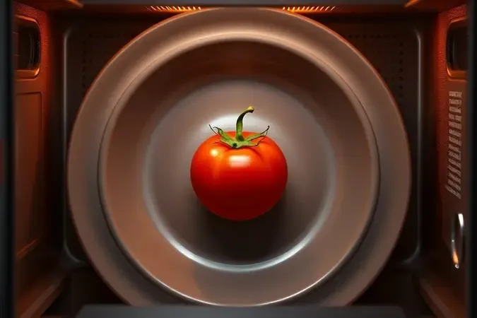 Tomate em prato cerâmico com pele se soltando após aquecimento, método rápido no micro-ondas.