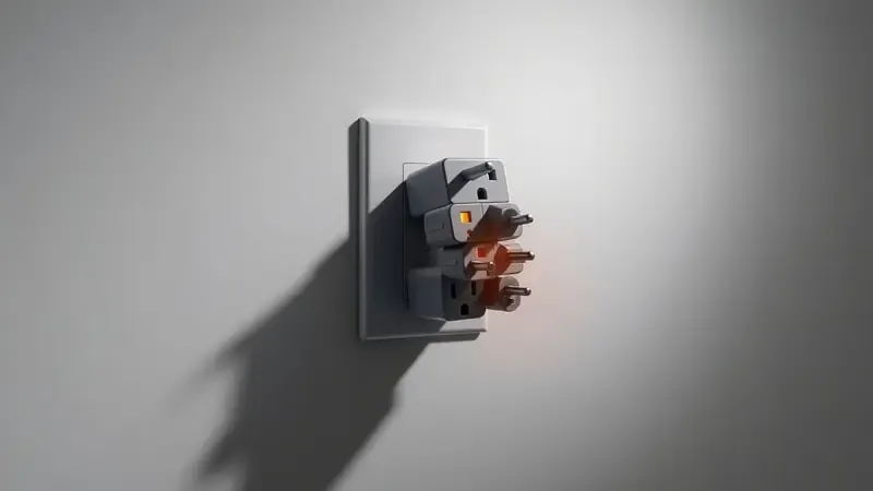 Cena conceitual 3D alertando sobre perigo de usar adaptadores e benjamins com brilho alaranjado indicando superaquecimento.
