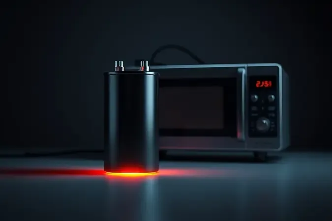 Renderização 3D conceitual alertando sobre perigo de alta tensão em capacitor de microondas