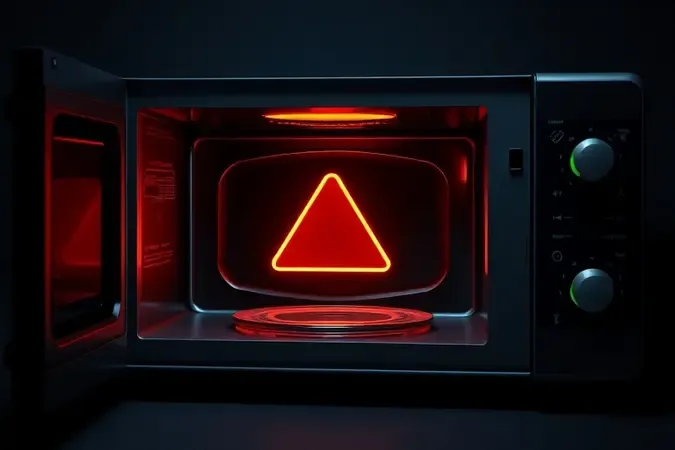 Micro-ondas aberto com capacitor de alta tensão exposto e brilho estilizado de advertência elétrica.