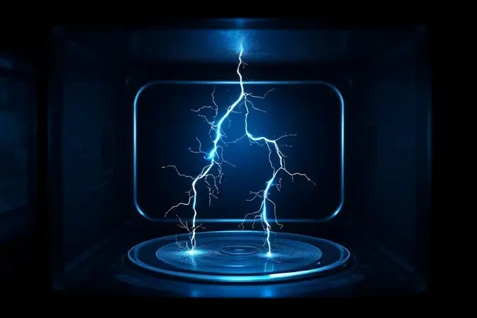 Perigo de faíscas e arco voltaico dentro de micro-ondas com ferrugem, representando risco de incêndio e choque elétrico.