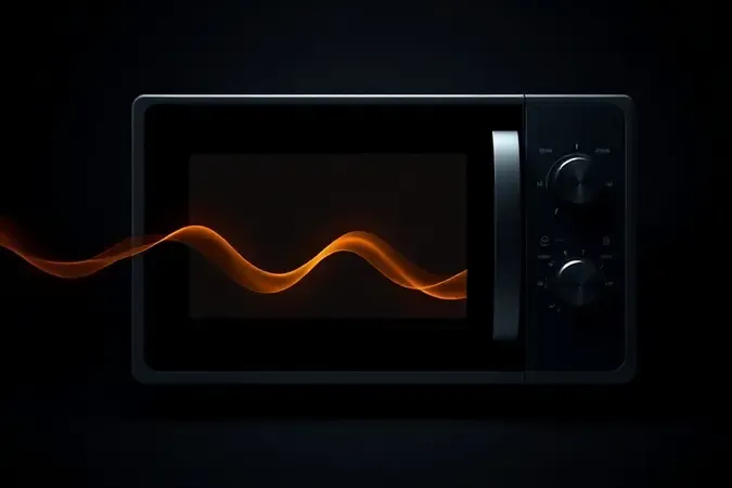 Render 3D conceitual de micro-ondas com ondas de energia translúcidas emanando da porta entreaberta em fundo escuro