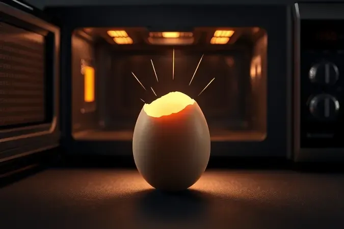 Alerta visual conceitual sobre os riscos de colocar ovo com casca no micro-ondas