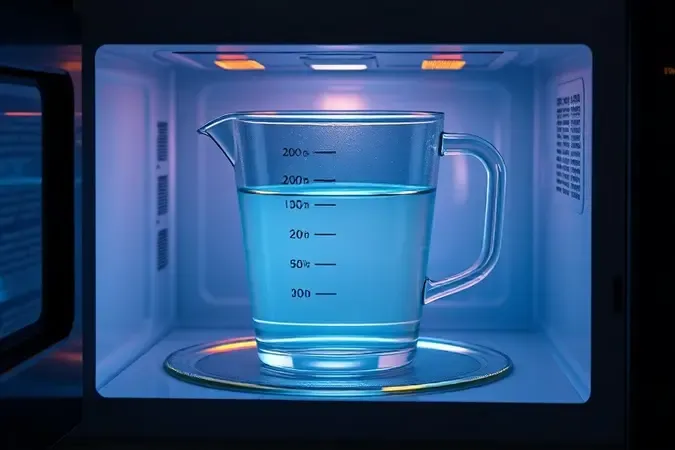 Alerta visual sobre superaquecimento de água no micro-ondas em render 3D conceitual com iluminação dramática.
