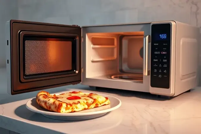 Renderização conceitual mostrando fatia de pizza com crosta dourada ao lado de micro-ondas moderno, provando resultado de qualidade.