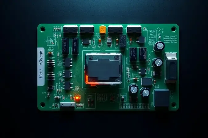 Renderização 3D de placa de circuito de micro-ondas com relé defeituoso destacado em tom alaranjado indicando falha elétrica.