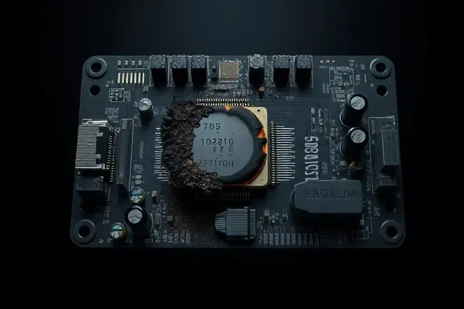 Render 3D conceitual de placa eletrônica com sinais de dano por sobrecarga elétrica em fundo escuro.