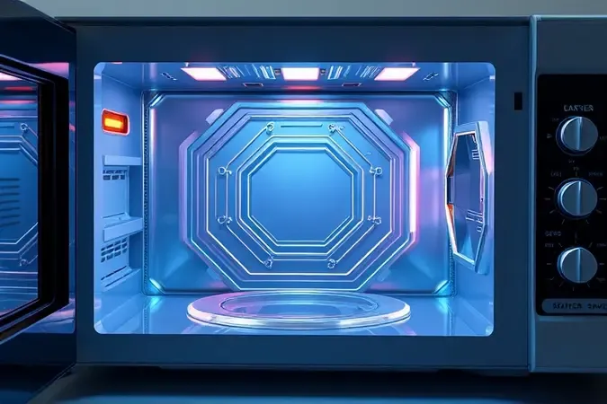 Render 3D conceitual dos componentes eletrônicos internos de micro-ondas com placa e sensores de porta iluminados.