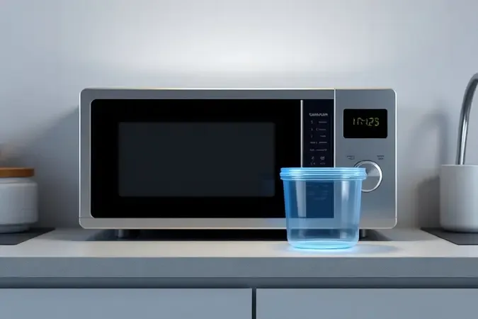 Recipiente plástico genérico ao lado de micro-ondas moderno ilustrando dúvida sobre segurança no aquecimento