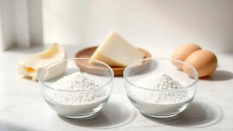 Renderização 3D de polvilho doce e azedo em tigelas de vidro com queijo e ovos ao fundo representando ingredientes do pão de queijo em composição minimalista.