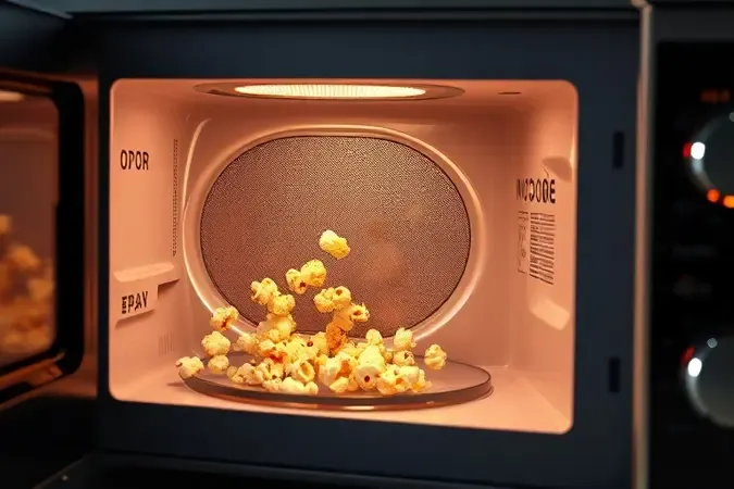 Visualização conceitual 3D de partículas de odor de pipoca queimada impregnadas nas superfícies internas de um micro-ondas.