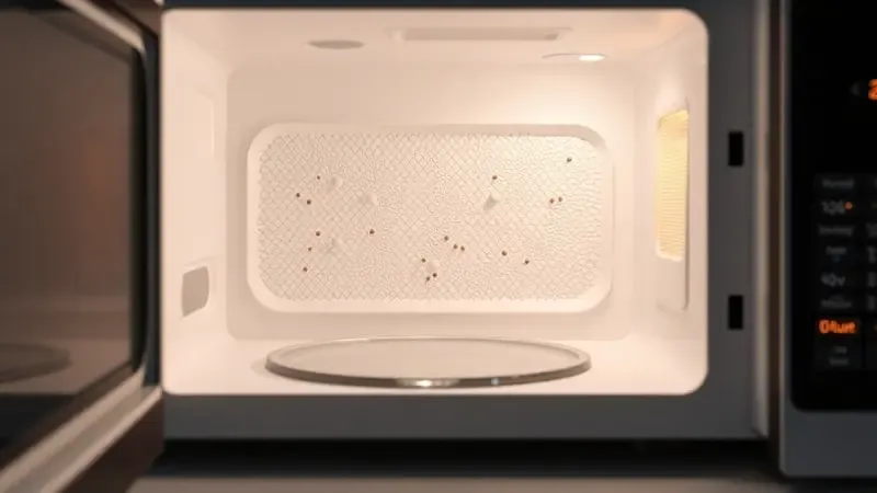 Renderização 3D conceitual mostrando superfície porosa de micro-ondas com partículas simbolizando odores retidos nos materiais internos.