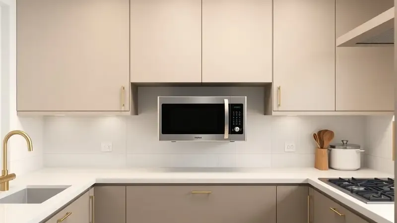 Cozinha moderna com micro-ondas posicionado ergonomicamente em gabinete, destacando a importância da organização e do fluxo de trabalho.