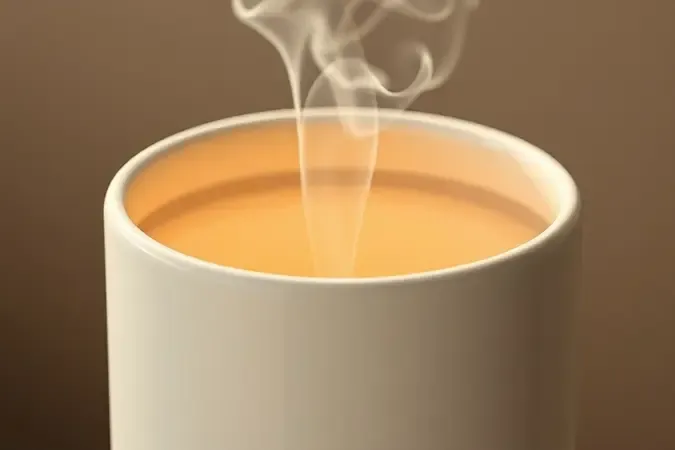 Render 3D de pote cerâmico com tampa entreaberta liberando vapor suave, ilustrando aquecimento semitampado no micro-ondas.
