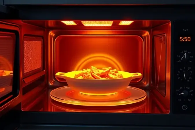 Performance de aquecimento uniforme de micro-ondas com potência de 1100W exibindo ondas de calor distribuídas sobre alimento em prato giratório.