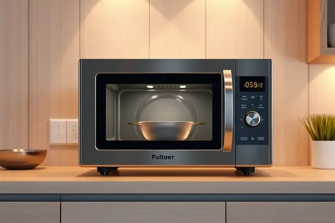 Micro-ondas inox com elementos visuais representando equilíbrio entre potência e capacidade interna