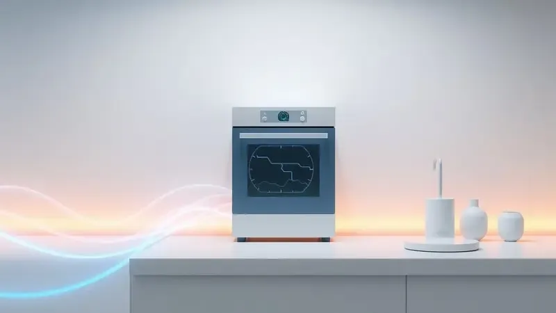 Conceito de eficiência energética e consumo de micro-ondas em render 3D com visualização abstrata moderna.
