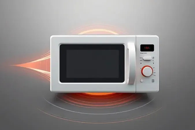 Render 3D conceitual representando potência eficiente e funcionamento silencioso de micro-ondas moderno