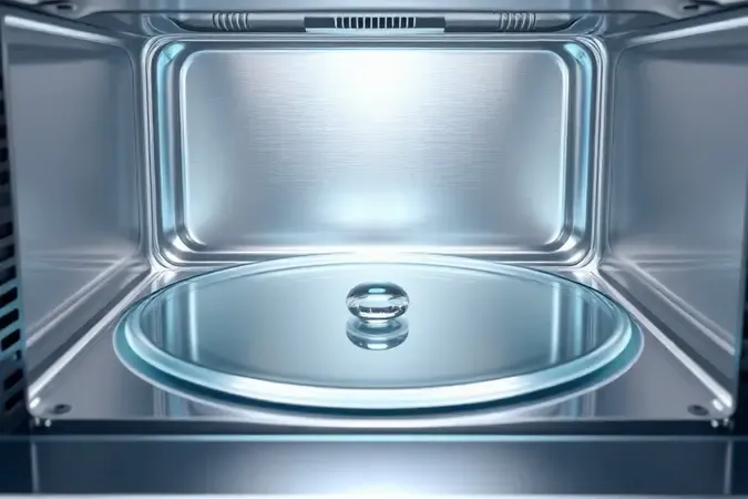 Interior impecável de micro-ondas com paredes de aço inoxidável e bandeja de vidro reluzente transmitindo facilidade de limpeza.