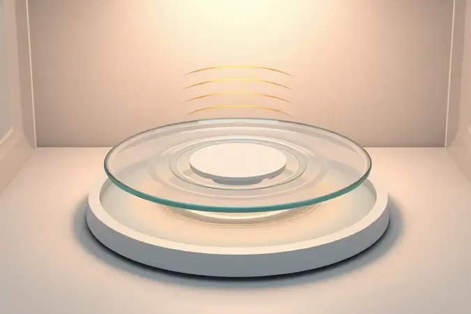Ilustração 3D conceitual mostrando prato giratório de micro-ondas com ondas de calor abstratas simbolizando distribuição uniforme de temperatura.