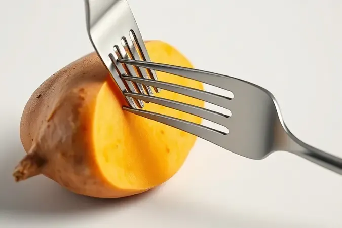 Garfo perfurando batata-doce crua para evitar explosão durante cozimento no micro-ondas
