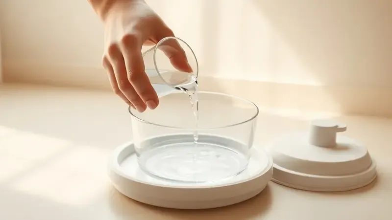 Renderização 3D conceitual mostrando mãos despejando água em esterilizador de mamadeira para preparação no micro-ondas.