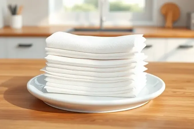 Prato branco com camadas de papel toalha preparado para cozinhar bacon no micro-ondas, em renderização 3D conceitual.