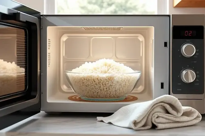 Tigela de vidro com arroz branco e água dentro de micro-ondas moderno para preparo passo a passo.