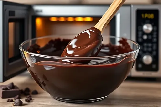 Tigela de vidro com massa de brownie de chocolate sendo misturada com espátula de madeira.